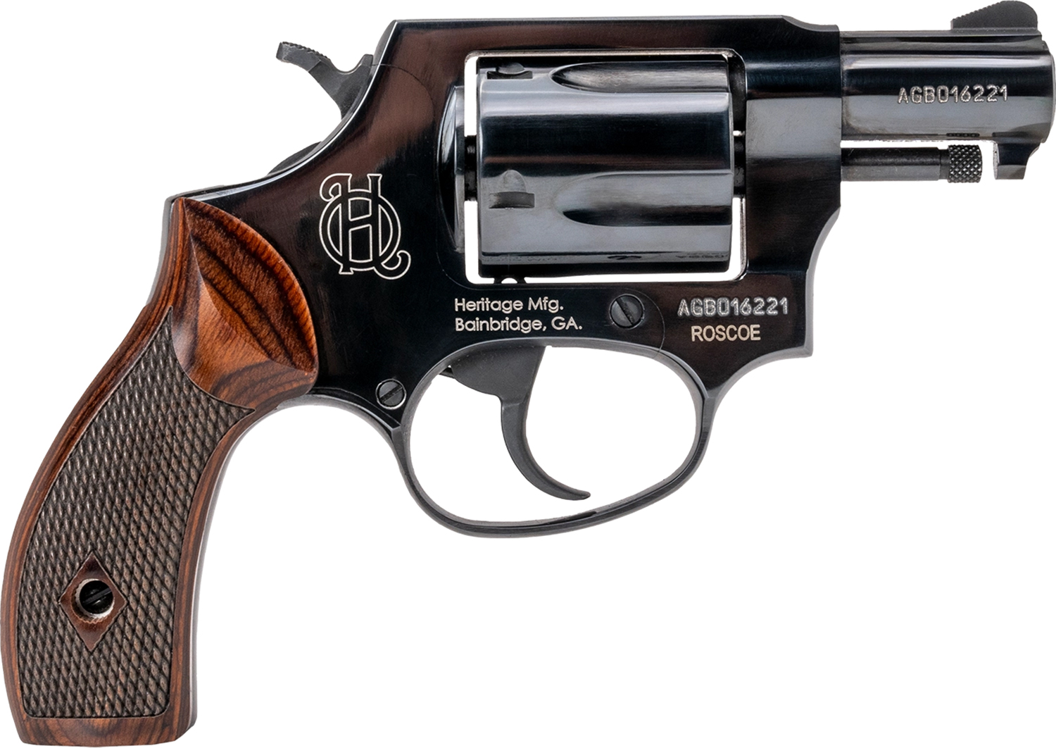 Heritage Mfg HR38B2W Roscoe Small Frame 38 Special +P 5rd 2" Black Polished Alloy Steel Barrel & Cylinder, Black Polished Carbon Steel Frame, Wood Grip, Transfer Bar Safety
