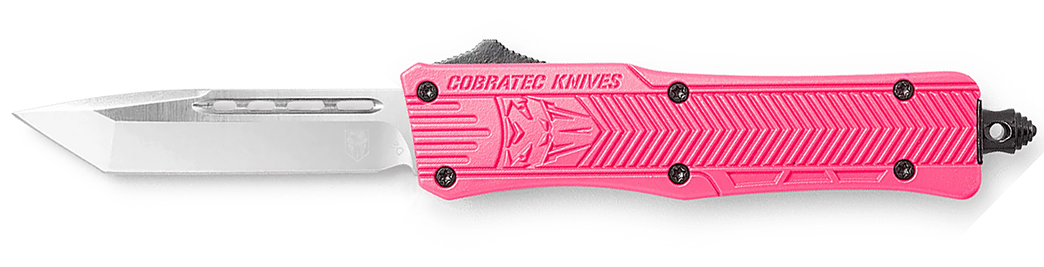 CobraTec Knives SPKCTK1STNS CTK-1 Small 2.75" OTF Tanto Plain D2 Steel Blade/Pink Aluminum Handle Features Glass Breaker Includes Pocket Clip