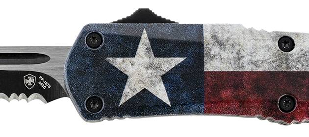 Templar Knife SCAP631 Gen II Captain Small 2.69" OTF Drop Point Part Serrated Black Oxide Stonewashed 440C SS Blade, 4.31" Red/White/Blue w/Star Aluminum Handle Glass Breaker