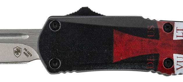 Templar Knife STK332 Gen II Templar Flag Small 2.69" OTF Drop Point Plain Powder Coated 440C SS Blade, 4.31" Templar Flag Aluminum Handle Glass Breaker