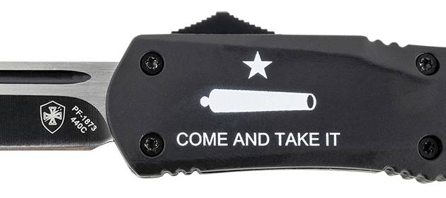 Templar Knife LCATI331 Gen II Come And Take It Large 3.50" OTF Drop Point Plain Black Oxide Stonewashed 440C SS Blade, 5.25" Black "Come And Take It" Aluminum Handle, Glass Breaker