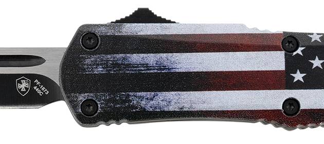 Templar Knife SUS231 Gen II US Flag Small 2.69" OTF Tanto Plain Black Oxide Stonewashed 440C SS Blade, 4.31" US Flag Aluminum Handle, Glass Breaker