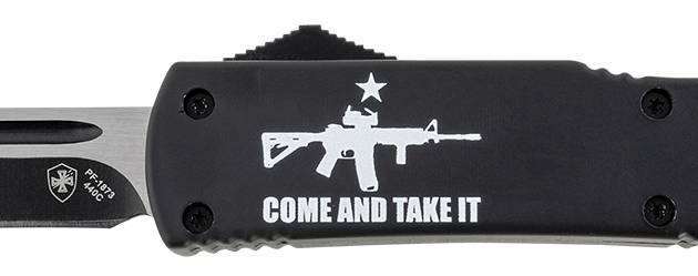 Templar Knife MAR15231 Gen II Come And Take It Slim 3.43" OTF Tanto Plain Black Oxide Stonewashed 440C SS Blade, 5.05" Black w/ "Come And Take It" AR-15 Gun Aluminum Handle, Glass Breaker