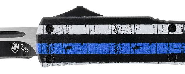 Templar Knife MBTB231 Gen II Back The Blue Slim 3.43" OTF Tanto Plain Black Oxide Stonewashed 440C SS Blade, 5.05" 4.31" Black & White w/Blue Line Aluminum Handle, Glass Breaker