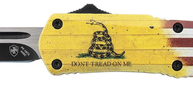 Templar Knife S-DTOM-23-1 Gen II Don't Tread On Me Small 2.69" OTF Plain Black Oxide 440C SS Blade, 4.25" Yellow w/Flag & "Don't Tread On Me" Aluminum Handle, Glass Breaker