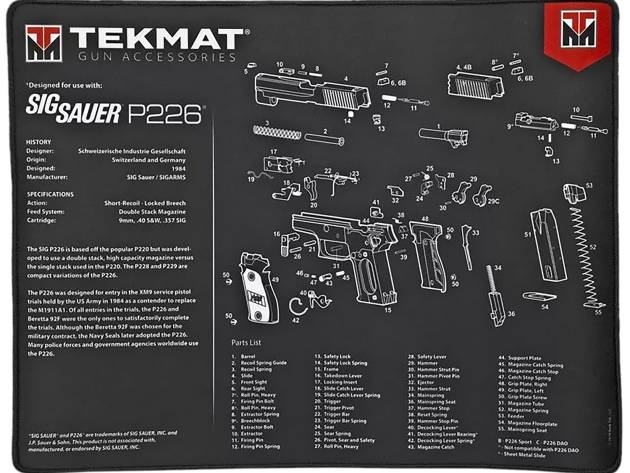 TekMat TEKR20SIGP226 Sig Sauer P226 Ultra 20 Cleaning Mat Black/White Rubber 15"x20" Sig Sauer P226 Parts Diagram