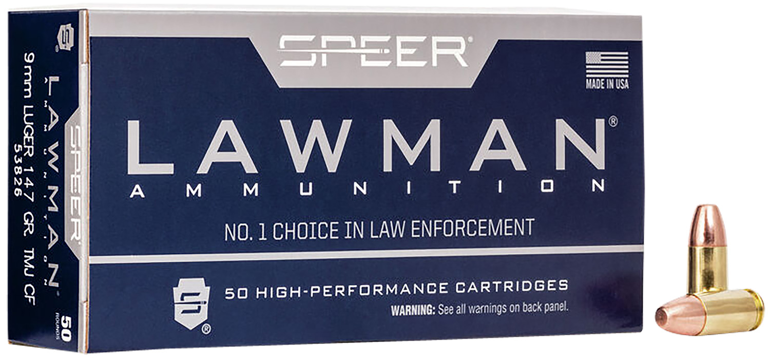 Speer 53826 Lawman Training Clean-Fire 9mmLuger 147gr Total Metal Jacket Flat Nose 50 Per Box/20 Case