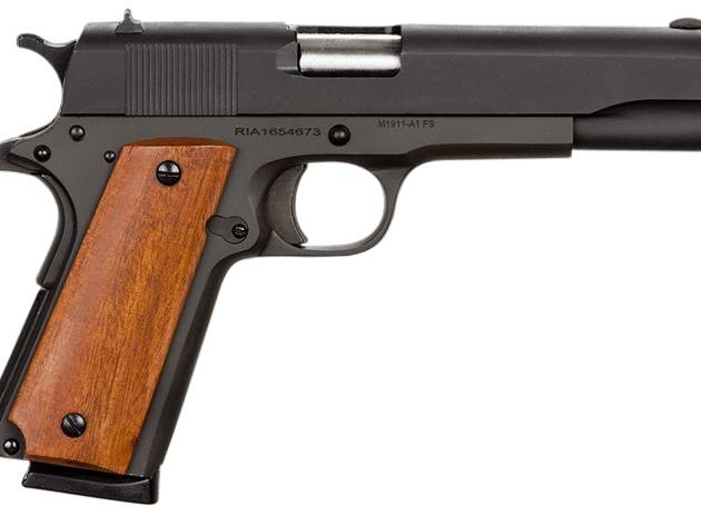 Rock Island 51421 GI Standard FS *CA Compliant 45 ACP Caliber with 5" Barrel, 8+1 Capacity, Overall Black Parkerized Finish Steel, Beavertail Frame, Serrated Slide & Wood Grip