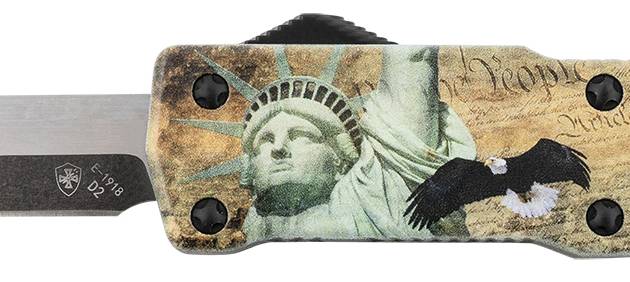 Templar Knife SZLIB221 Premium Weighted Liberty Small 3" OTF Tanto Plain Black Oxide Stonewashed D2 Steel Blade, 4.50" Gold w/Statue of Liberty/Flag/Eagle Aluminum Zinc Alloy Handle