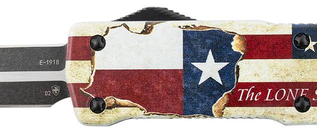 Templar Knife LZTX121 Premium Weighted Texan Large 3.55" OTF Dagger Plain Black Oxide Stonewashed D2 Steel Blade, 5.25" Red/White/Blue w/"The LONE STAR State" Aluminum Zinc Alloy Handle