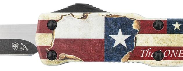 Templar Knife MZTX321 Premium Weighted Texan Slim 3.16" OTF Drop Point Plain Black Oxide Stonewashed D2 Steel Blade, 4.93" Red/White/Blue w/"The LONE STAR State" Aluminum Zinc Alloy Handle