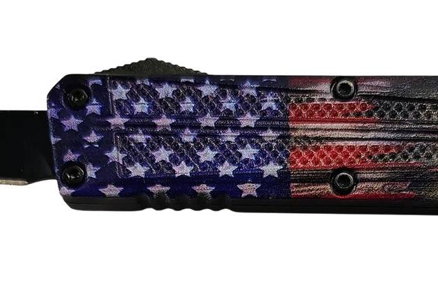 Xcaliber Knife Company  Drop Point  Mini 1.80" OTF Drop Point Plain Black 440C SS Blade, 3.52" US Flag Aluminum Handle