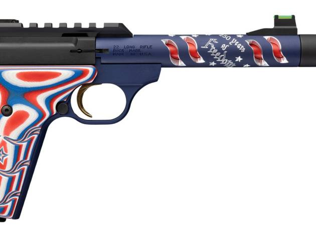 Browning 051615490 Buck Mark Freedom 250 SR 22 LR 10+1 5.90" Waving Flag Threaded Barrel, Blue Anodized Serrated w/Picatinny Rail  Aluminum Receiver, Red/White/Blue G10 Grip