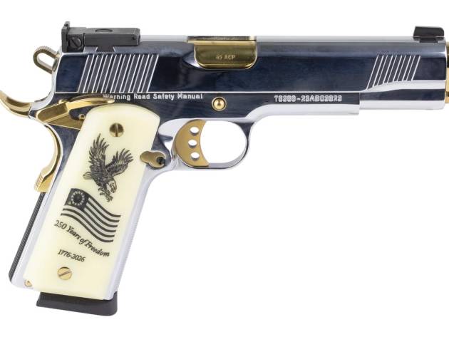 Girsan 391096 MC1911 USA 250th 45 ACP 8+1 5" Polished Chrome Stainless Steel Serrated Slide & Frame w/Beavertail, Eagle w/Flag Grip