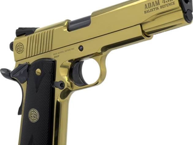 Dickinson LLC DKSN45GB Adam 1911 Golden 45 ACP 8+1 5" Black Barrel, Gold Cerakote Steel B Serrations Slide, Gold Steel Frame w/Beavertail, Black Textured Grip