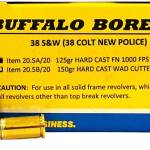 Buffalo Bore Ammunition 205A20 Personal Defense Strictly Business 38S&W 125gr Hard Cast Flat Nose 20 Per Box/12 Case