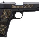 Tisas Arms 10100518US250 1911 America's 250th Full Size 45 ACP 7+1 5" Stainless Barrel, Black w/Gold Engraving Steel Serrated Slide, Black w/Gold Engraving Steel Frame w/Beavertail, Black w/Gold Accen