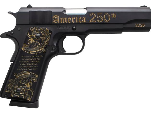 Tisas Arms 10100518US250 1911 America's 250th Full Size 45 ACP 7+1 5" Stainless Barrel, Black w/Gold Engraving Steel Serrated Slide, Black w/Gold Engraving Steel Frame w/Beavertail, Black w/Gold Accen
