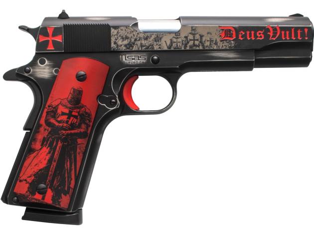 Tisas Arms 10100518AA2 1911 Crusader Full Size Frame 45 ACP 7+1 5" Steel Serrated Slide, Distressed Graphite Cerakote Carbon Steel Frame w/Beavertail, Multi-Color Cerakote Grip