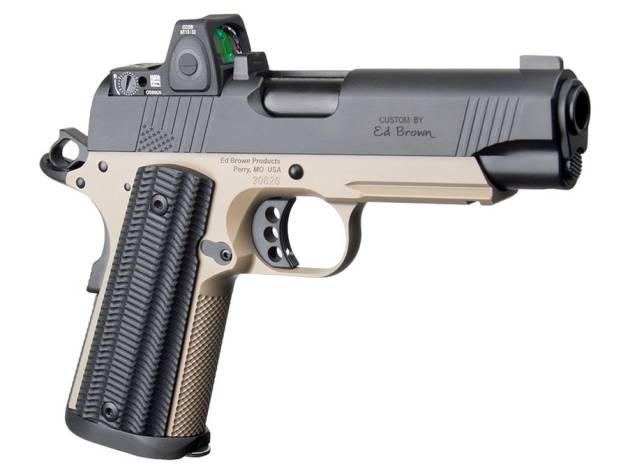 Ed Brown  Special Forces Commander SOCOM w/Optic 45 ACP 7+1 4.25" Black Nitride Barrel, Black Gen4 Stainless Steel Serrated w/Optic Slide, Flat Dark Earth Gen4 Stainless Steel Frame w/Accessory Rail,