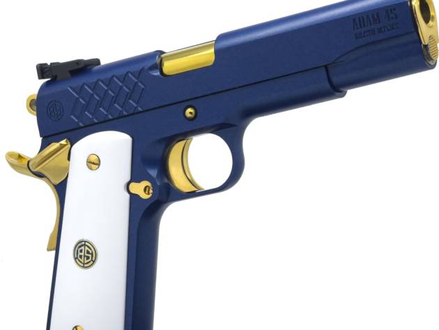 Dickinson LLC DKSN45SM Adam 1911 Sapphire Full Size 45 ACP 8+1 5" Gold Barrel, Blue Sapphire Steel Slide & Frame w/Beavertail White Grip