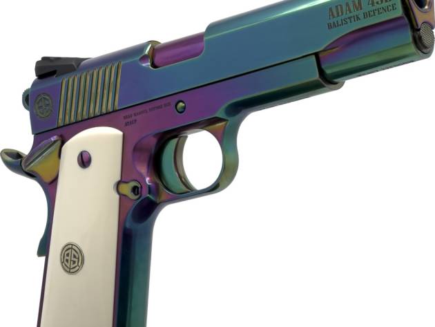 Dickinson LLC DKSN45RBB Adam 1911 Rainbow Full Size 45 ACP 8+1 5" Polished Rainbow PVD Steel B Serrations Slide, Rainbow PVD Steel Frame w/Beavertail
