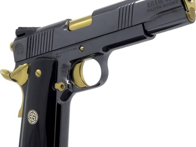 Dickinson LLC DKSN45AB Adam 1911 Acoustic Full Size 45 ACP 8+1 5" Gold Barrel, Shiny Black Steel B Serrations Slide, Shiny Black Steel Frame w/Beavertail