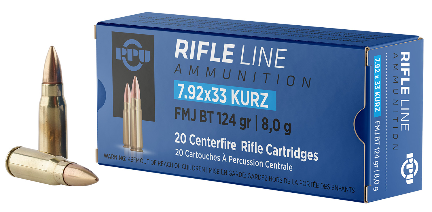 PPU PP7K Metric Rifle 7.9x33mmKurz 124gr Full Metal Jacket Boat Tail 20 Per Box/25 Case