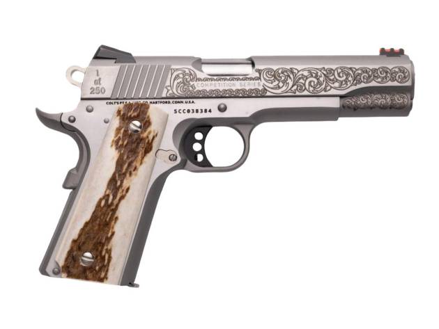 Colt Government Custom Engraved Competition Handgun .45 Auto 7rd Magazine 5" Barrel Stainless Finish Fiber Sight Stag Grips