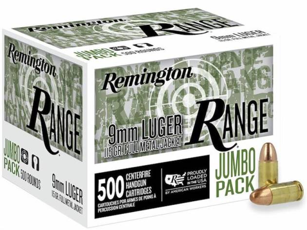 Remington Range Handgun Ammo 9mm Luger 115 gr FMJ 1145 fps 500/ct