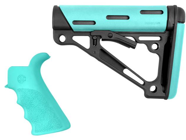 Hogue 13456 OverMolded 2-Piece Kit Collapsible Aqua OverMolded Rubber Black & Aqua Rubber Grip for AR15, M16 with Mil-Spec Tube (Tube Not Included)