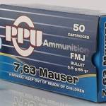 PPU Handgun Ammunition 7.63mm Mauser 85 gr FMJ 1510 fps 50/ct